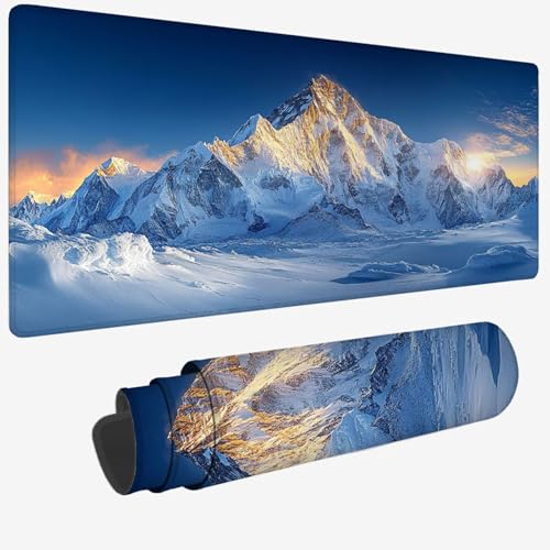 Tapis de Souris XXL 900x500x3mm, Bleu Grand Tapis de Souris avec Imperméable et Antidérapant scène de Neige sous Main Bureau à Bords Cousus, Améliore la Précision et la Vitesse pour Gamer W-1119