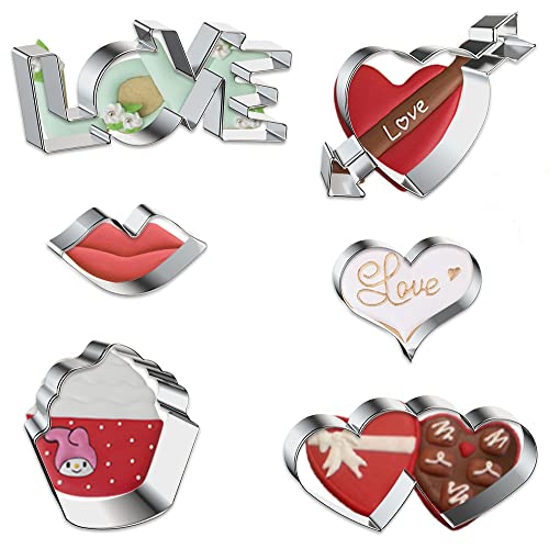 Hying 6 Pcs Valentine's Day Love Hearts Cookie Cutter Set For Baking, Kiss Cake Cookie Cutters Stainless Steel Valentines Cake Biscuit Cutters Molds Sets For Kids Friends Diy Baking #TOP27