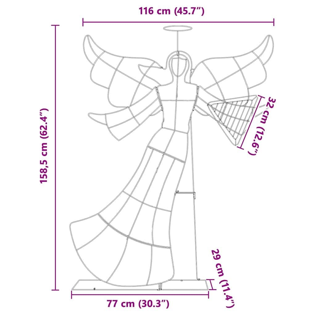 Ángel iluminado de poliéster, blanco cálido, 116 x 29 x 158,5 cm, USB, 8 modos, diseño 2D para interior y exterior, decoración de árbol de Navidad para salón e invierno