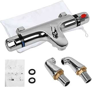Chrome Thermostatic Bath Shower Mixer, Shower Mixer Taps Valve Exposed Bar Tap Brass,Exposed Thermostatic Shower Valve with Bath Filler Spout