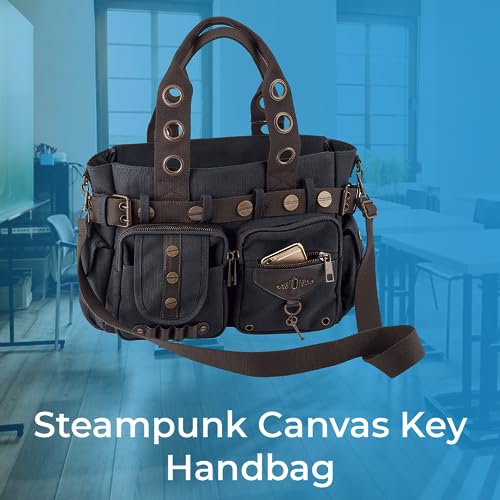Image of SAGEFINDS Steampunk Key Canvas Handbag | Crossbody Shoulder Purse for Women | Messenger Bag with Top Handles | Adjustable and Detachable Body Strap | Hobo with Multi Pockets | 14 inch x 10 inch