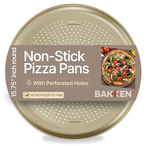 Bakken 16 Inch Non-Stick Pizza Pan 1 Pack, Round Carbon Steel Pizza Tray with Perforated Holes, PFOA, PFOS, & PTFE-Free, Dishwasher & Oven Safe Up To 450°F, Durable Nonstick Coating, Gold