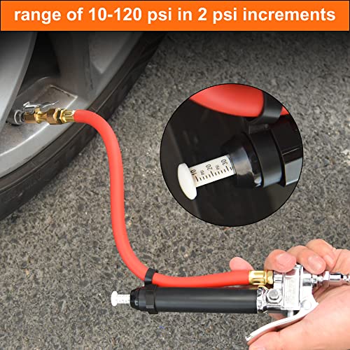 Tire Inflator 10-120 PSI Tire Pressure Gauge with 12 Inch Air Hose,Lock on Air Chuck, Heavy Duty 1/4\'\' NPT Tire Inflator Gauge Compatible with Air Pump Compressor for Car Truck Motorcycle Bike