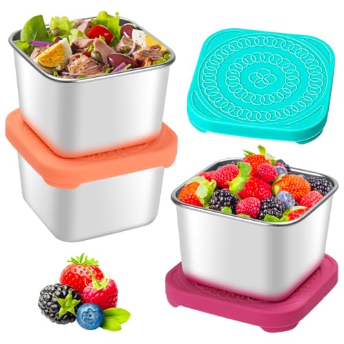 3-Pack Stainless Steel Snack Containers 6oz - Leakproof Bento Boxes with Silicone Lids, BPA-Free Food Storage for Office/Travel/Gym (3)