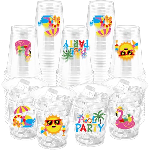 ZCPTZ 100Pcs Beach Pool Plastic Party Cups 12oz Summer Disposable Clear Cups for Pool Party Beach Holiday Party Birthday Drinking Cups Hawaiian Luau Supplies Summer Favors (2 Styles)