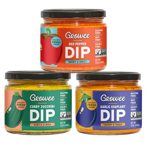 Growee Vegan Dip Pack – Plant-Based Queso & Hummus Alternative, Nut-Free Mayo & Dressing Substitute – Dairy-Free & Gluten-Free – 3 Flavor Variety: Red Pepper, Garlic Eggplant, Curry Zucchini