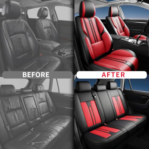 Image of Fit Canyon Car Seat Covers (5 Seats Full Set) Compatible with GMC Canyon 2015-2024 2025 2026 - Full Coverage Premium Breathable Leather,Airbag Compatible,Waterproof & All-Weather,Black-Red