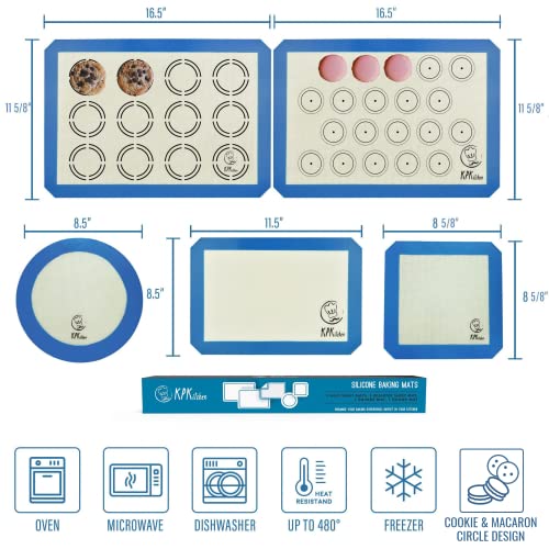 Silicone Baking Mat Set of 5 - 2 Half Sheets (Macaron & Cookie Circle On Mat) + 1 Quarter + 1 Round & 1 Square Size Silicone Baking Sheet - Nonstick & Easy to Clean - 100% Silicone Mats for Baking - Thumbnail 2