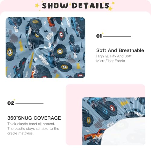 Image of Baby Crib Sheet Monster Truck Cars Crib Mattress for Boys and Girls Playard Sheet Soft Breathable Fitted Baby Mattress Cover 52x28in