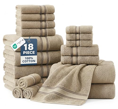 Image of LANE LINEN Towel Set for Bathroom - 18-Pack 100% Cotton Towel, Zero Twist, Includes 6 Bath, 6 Hand & 6 Washcloth, Suitable for All Body Types, Soft & Quick Dry, Ideal for Airbnb & Spa - Tapue
