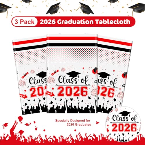 Image of Graduation Decorations Class of 2026 Tablecloth - 3 Pcs Plastic Congrats Grad Table Cloth, Graduation Table Cover for Graduations Party Decorations 2026 and Party Supplies, 54 inchx108 inch (Red and Black)