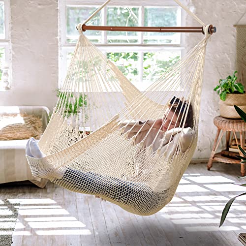 Upgraded Caribbean Hammock Chair with Detachable Metal Bar, Large Hammock Swing Chair, XL Rope Hanging Chair for Outdoor Indoor, 330 LBS Weight Capaci