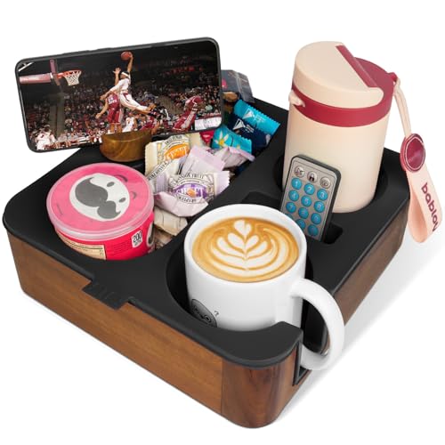 Couch Buddy Couch Cup Holder Tray Real Acacia Wooden Caddy with Soft Silicone Snack and Drink Organizer- Perfect Movie Night Accessories for Bed Remote and Cup Holders for Sofa (Black)