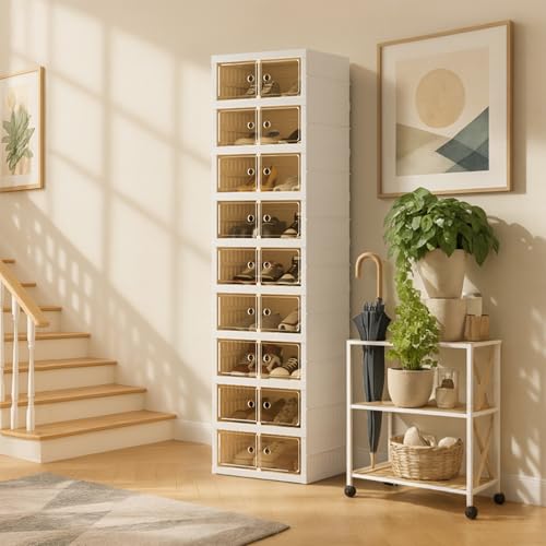 Image of Foldable Shoe Organizer Storage Box, Portable Extra Large Folding Shoe Rack for Closet, Shoe Storage Box with Magnetic Transparent Door and Wheels, 9 Layers 18 Grids