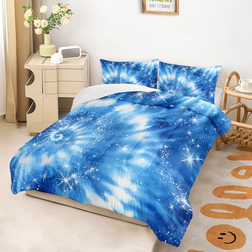 Image of AILONEN Light Blue Tie Dye Bedding Set Full Size for Kids Teens Adults,Galaxy Starry Comforter + 2 Pillowcases,3Pcs Tie-Dye Spiral Quilt Set for All Season