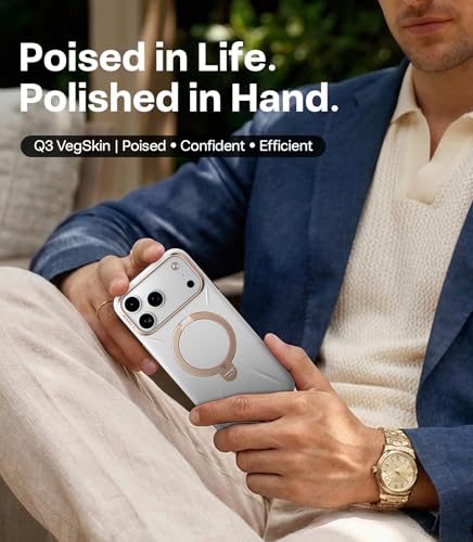 Image of TORRAS Q3 VegSkin for iPhone 17 Pro Max Case Leather, 360 Spin Magnetic Stand, Fit for MagSafe, Camera Control, Shockproof Premium Organic Silicone Leather Case for iPhone 17 Pro Max, Grayish White