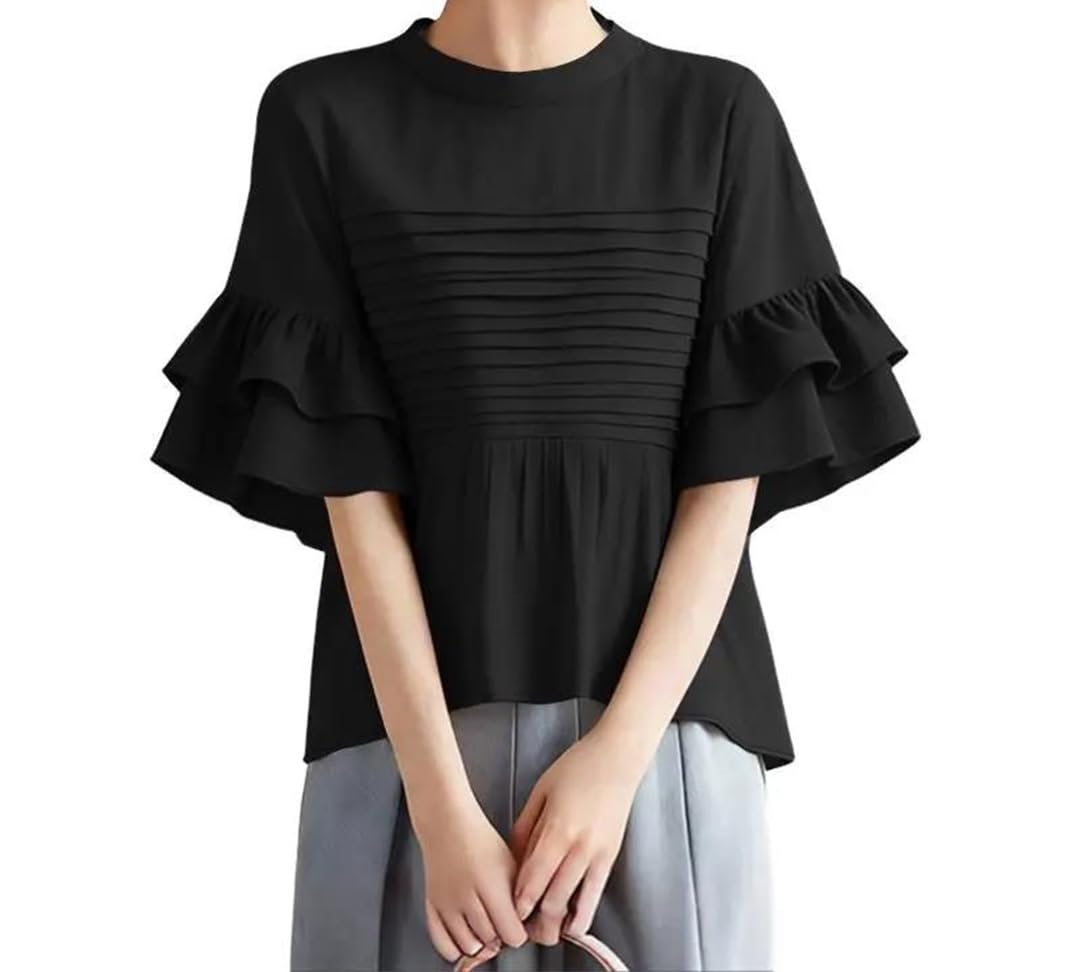 Camicette estive da donna eleganti da lavoro in ufficio o collo a maniche corte camicia elegante tinta unita plissettata tunica top