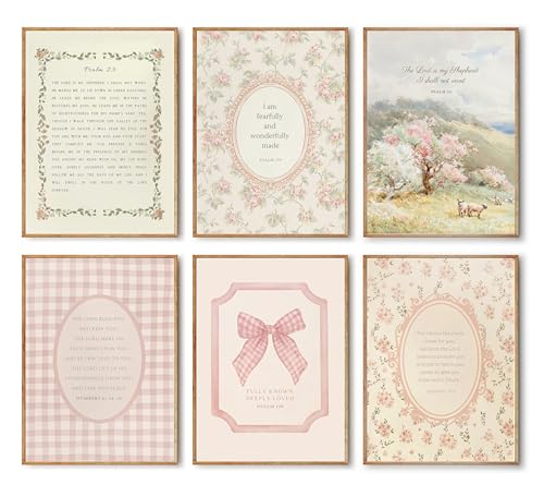Image of ZARTMYY Christian Nursery Wall Art Bible Verse Wall Decor Prints Jesus Religious Posters Pink Flower Bow Bible Verse Canvas Painting Kids Vintage Christian Boho Prints for Girls Bedroom 6Pcs Unframed