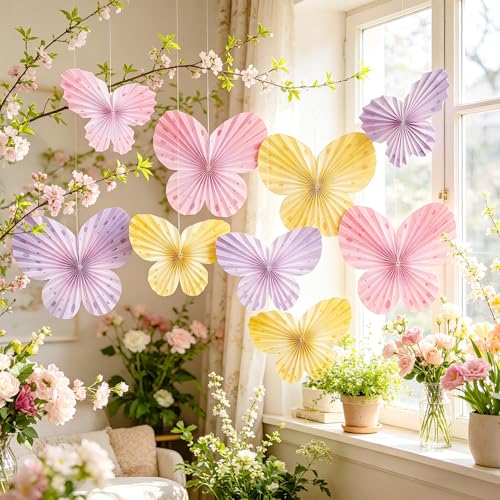 Image of Easy Joy 9Pcs Paper Butterfly Decorations Butterfly Party Decor Hanging Paper Butterfly Fan Pastel Paper Fans Paper Butterflies for Spring Baby Shower Girls Room Wall Classroom Fairy Birthday