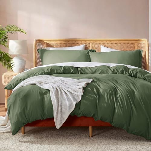 Nestl Olive Green Duvet Cover Queen Size - Soft Double Brushed Queen Duvet Cover Set, 3 Piece, with Button Closure, 1 Duvet Cover 90x90 inches and 2 Pillow Shams