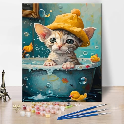TISHIRON DIY Paint by Numbers Kit for Adults, Cat Bathtub Paint by Numbers Kit, Cute Cat and The Yellow Duck Adult Paint by Number Kits Canvas Arts Crafts for Home Decor, 16 x 20 inch Without Frame