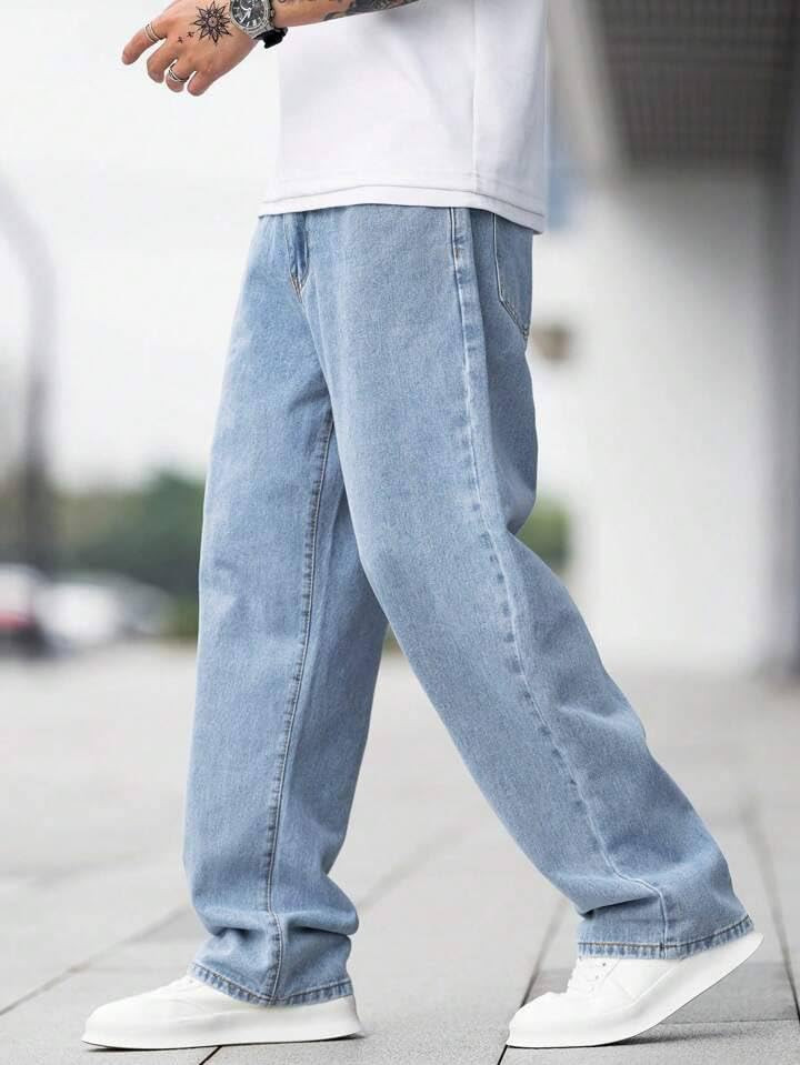 Image of Men Straight Fit Denim Jeans | Washed Blue Casual Denim Pants | Comfortable Classic Straight Leg Jeans for Men | Street Style & Office Casual Wear
