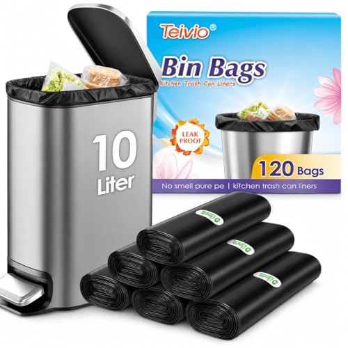 Teivio 10 Liter Small Bin Bags 120 Counts Pedal Bin Liners Plastic Waste Bags for Bathroom Kitchen Office Fit 7.5-10L Rubbish Bin Black