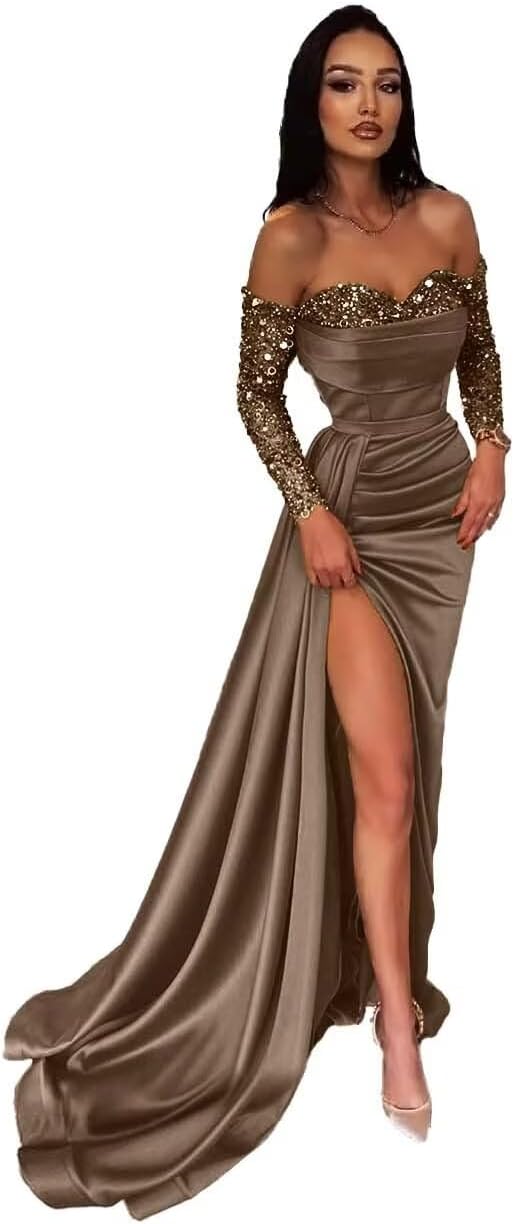 Strapless Mermaid Prom Dresses for Women 2025 Long Sleeve Sweetheart Sparkly Formal Evening Party Gowns with Slit GL0004