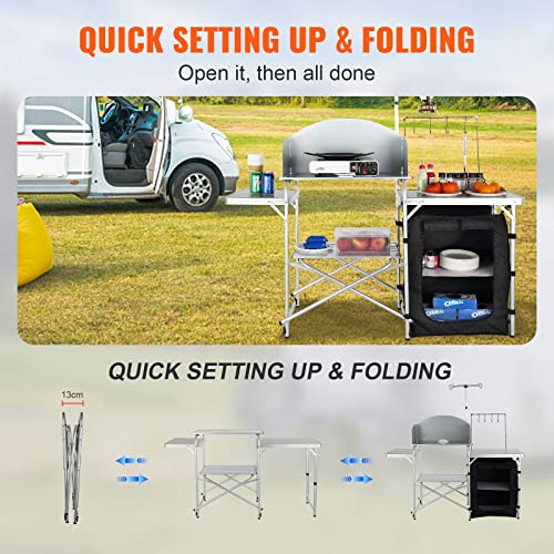 VEVOR Camping Kitchen Table, Folding Outdoor Cooking Table with Storage Carrying Bag, Aluminum Cook Station 1 Cupboard & Detachable Windscreen, Quick Set-up for Picnics, BBQ, RV Traveling, Black - Image 6