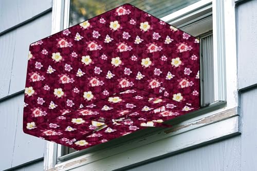 Image of The Furnishing Tree Elastic fit waterproof Polyester window ac cover suitable for Croma 1.5 Ton, Dustproof cover for inner and outer section, In CM: (62.23x66.04x43.18), Floral Pattern Red