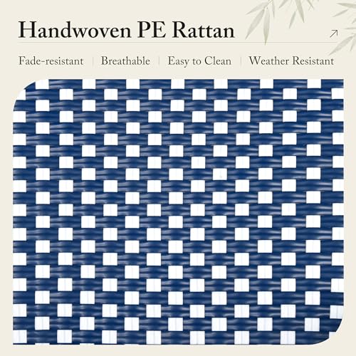Image of PURPLE LEAF Patio Dining Chair Set of 2 Outdoor French Aluminium Frame in Champagne Finish with Navy Blue & White Woven Rattan for Indoor Kitchen Deck Bistros Cafe Restaurant