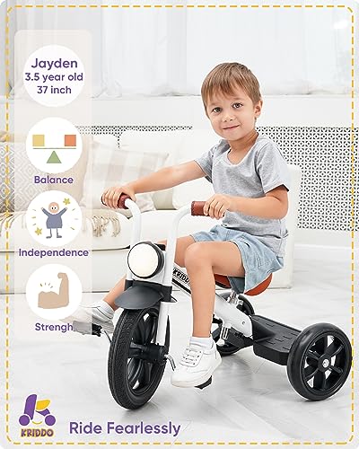 KRIDDO Kids Tricycle, 12 Inch Puncture Free Wheel w Front Light, Adjustable Seat Height, Gift for 2-5 Year Olds, White - Thumbnail 2