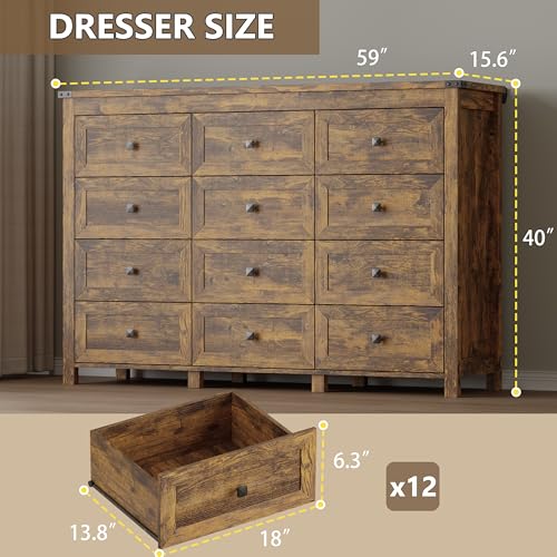 Image of BORNOON 12-Drawer Dresser, Modern Wooden Storage Chest of Drawers, Dresser TV Stand, Wood Drawer Organizer with Metal Handles for Bedroom, Living Room, Hallway