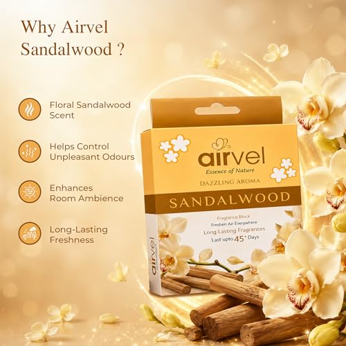 Image of Airvel Splendid Sandal Fragrance Block Pack of 5 (75g Each) | Bathroom Freshener | Toilet Perfumes & Fresheners | Bathroom Odor Remover | Non-Toxic | Long-Lasting Freshness Up to 45 Days