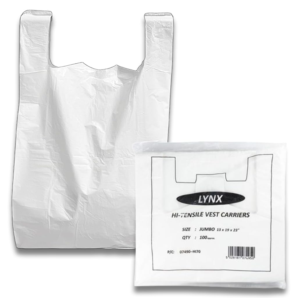 Bag Market | 100 x Extra Strong Large Jumbo White Plastic Vest Carrier Bags 13 x 19 x 23" - Reusable Shopping Groceries Bags - LYNX