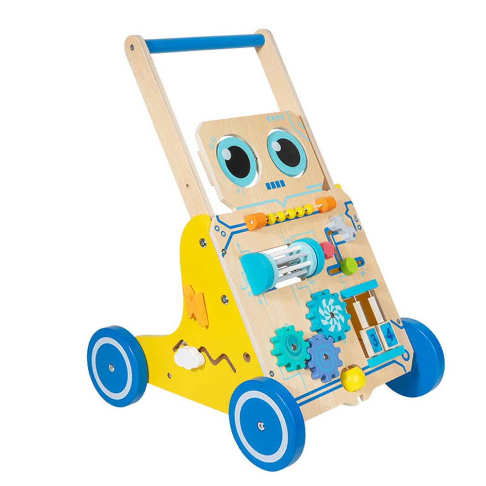 Drewniany chodzik dla niemowląt w kształcie robota, pchacz z panelem do zabawy