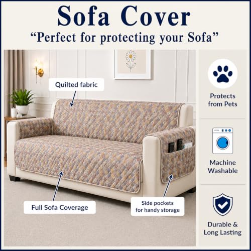 Image of STITCHNEST 'CloudFeel Series' Quilted Printed Velvet Sofa Cover for 2 Seater | Premium Soft Velvet Sofa Protector | Multicolor Diamond Geometric Design with Armrest Pockets | Furniture Cover
