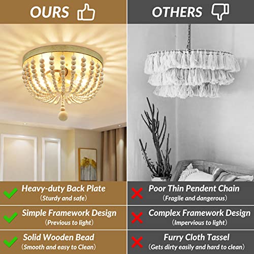 Farmhouse Wood Beaded Chandelier, Bohemia Ceiling Lamp, Rustic 2-Light Pendant Light Fixture, Semi-Flush Mount Ceiling Light For Living Room Entryway Hallway Kitchen Girl’s Room Baby’s Nursery, Oak #TOP1