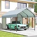 Sundale Outdoor Metal Carport 10' x 15' x 10', Heavy Duty Canopy for Garage, Car Garage Shelter with Galvanized Metal Roof and Two Bibs with Pockets for Jeep and Boat, Grey