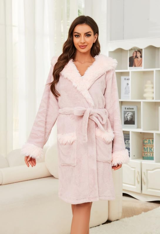 LYCY Women Hooded Plush Short Robe Soft Warm Fleece Bathrobe Fluffy Cute Spa Robe - Image 3