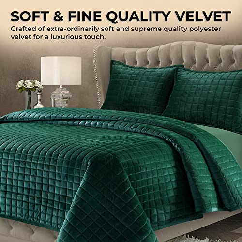 Tribeca Living Velvet Queen Quilt Set, Three-Piece Box Stitch Bedding Set Includes One Oversized Quilt & Two Sham Pillowcases, 260Gsm Super Soft Velvet, Florence/Emerald Green #TOP2