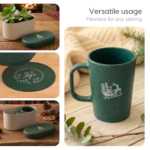 Image of Eha Earth-Friendly Christmas Gifts for Friends and Family | Secret Santa Gifts | Made with Rice Husk | Printed Christmas Mug and Coasters Set of 2, Keychain & a Loopac Box | 350 ml | Fern