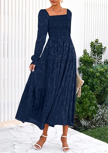 PRETTYGARDEN Wedding Guest Dresses for Women Floral Long Sleeve Smocked Tiered Elegant Long Flowy Boho Dress (Navy Blue,X-Large) — view 5