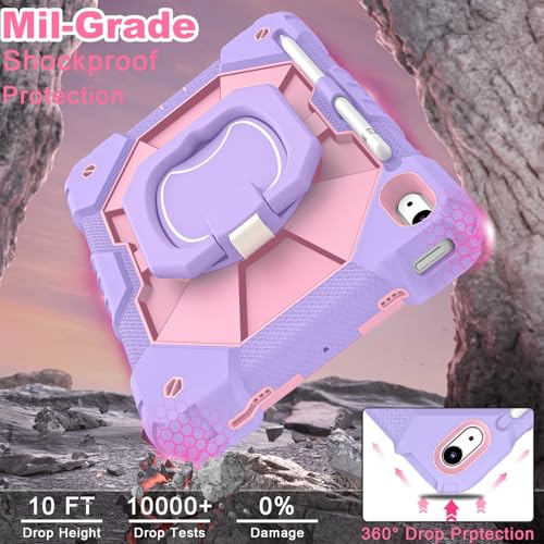 Image of WESOROL Case for iPad (A16) 11th /10th Generation 2025 /2022 with Screen Protector Rotating Stand Pencil Holder iPad Case 10th Generation Shockproof Cover for iPad 11th /10th Gen Cases,Purple Rose