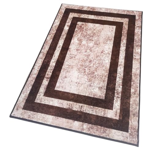 Image of Matz&More Geometric Distress Border Rug | 100x150 CM | Brown Beige | Soft Nylon Loop Pile with Anti-Slip Gel Backing | Living Room, Bedroom & Office Floor Carpet
