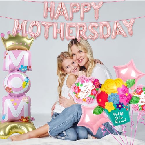 Image of 21pcs Mother Day Balloons Set, Mom Standing Aluminum Balloon Happy Mother Day Foil Balloon Set, Pink Great Mom Day Birthday Party Decoration Balloons