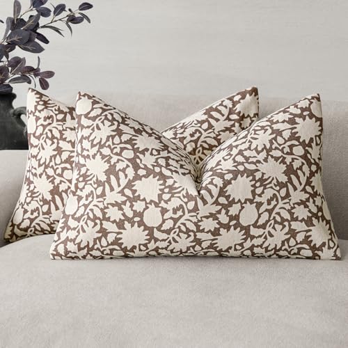 Image of Foindtower Set of 2 Decorative Neutral Floral Lumbar Throw Pillow Covers Accent Farmhouse Cushion Covers Boho Vintage Pillowcase for Couch Sofa Bedroom Living Room Home Decor,12x20 Inch,Brown