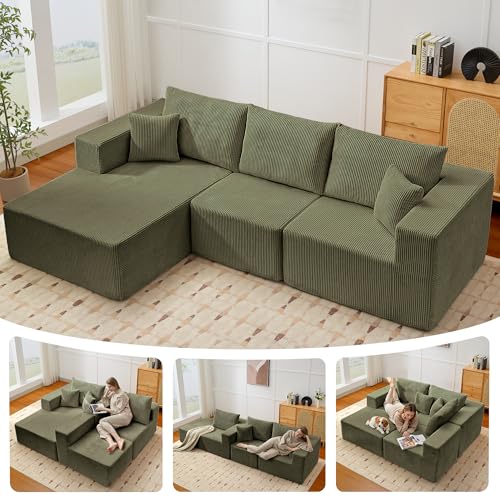 Image of Modular Sectional Sofa for Living Room, 108 inch Cloud Couch Sectional with L-Shape Chaise, Modern Upholstered Corduroy Boneless Couch with Memory Foam Deep Seat, No Assembly Required (Green)