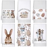 Geyoga 6 Pcs Easter Kitchen Towels Bunny Rabbit Hand Dish Towels Farmhouse Religious Easter Egg Flowers Funny Tea Washcloths for Kitchen Bathroom Spring Home Decor Baking Cooking(Cute Color,Stripe)
