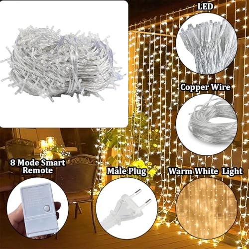 Image of fizzytech Plastic Fairy Curtain String Lights for Wall Decoration, Warm White 300 LED's, 8 Flashing Modes, Window Backdrop Lights for Bedroom, Party, Diwali, Christmas - 3x3 Meter
